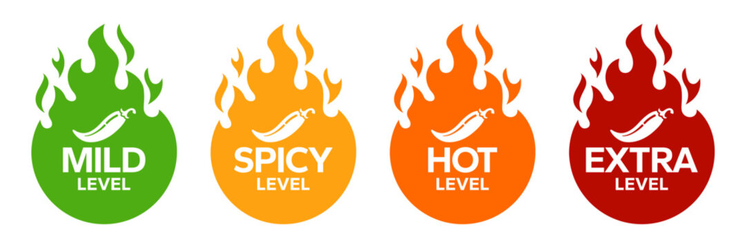 Red Chili Peppers Fire Flames icon. Chili mild level, spicy level, hot level, extra level Label. Hot Spicy green, yellow, orange icons. Logo Spicy. Extra chilli badge. Hand drawn. Vector illustration.
