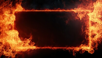 A fiery frame surrounded by flames, creating a dramatic visual effect on a dark background, ideal for attention-grabbing designs.