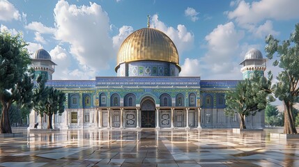 Obraz premium Al-Aqsa Mosque located in Jerusalem, a magnificent mosque building with a golden dome, Ai generated Images