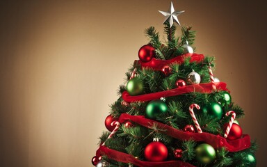 Fototapeta premium Decorated Christmas tree with red ribbon, ornaments, and candy canes.