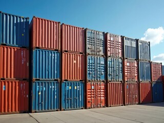 Fototapeta premium Colorful Shipping Containers Stacked at a Logistics Yard Under a Clear Blue Sky in Bright Daylight