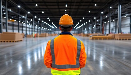 A worker in an orange safety vest and helmet stands in a large warehouse, overseeing the spacious area filled with cardboard boxes and bright lights.