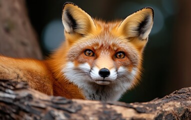 Fototapeta premium A charming red fox with striking features peeks curiously from behind a tree trunk, showcasing its vibrant fur and keen expression.