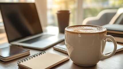 Closeup of a Latte with Notebook and Laptop on a Desk