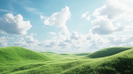Obraz premium Gentle slopes of green grassy hills under a partly cloudy sky, evoking a peaceful and open landscape