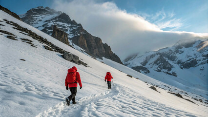 The journey upwards: climbers in colorful gear ascend into the clouds on a rugged mountain terrain.&rdquo;