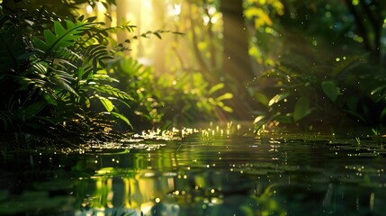 Fototapeta premium Sunlit Forest River: A Tranquil Escape