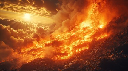 A fiery sunset with a fiery sky, the sun shines through the clouds.