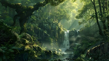 Tranquil Waterfall in a Lush Forest Landscape