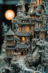 Obraz premium A miniature model of a traditional Chinese village with intricate details and illuminated windows