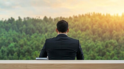 Financial advisor preparing an investment strategy on a desktop with a softly blurred forest scene, reflecting wisdom and security