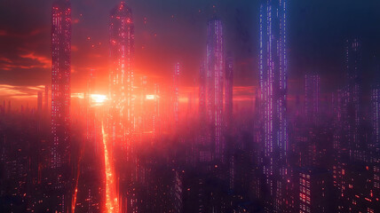 Obraz premium Matrix City - A city of data in the matrix with sunset