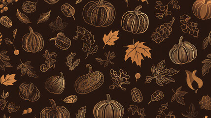 Elegant autumn illustration featuring pumpkins, leaves, and berries against a dark backdrop