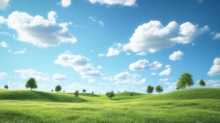 Obraz premium Green grassy hills with trees dotting the landscape, under a sky filled with soft white clouds