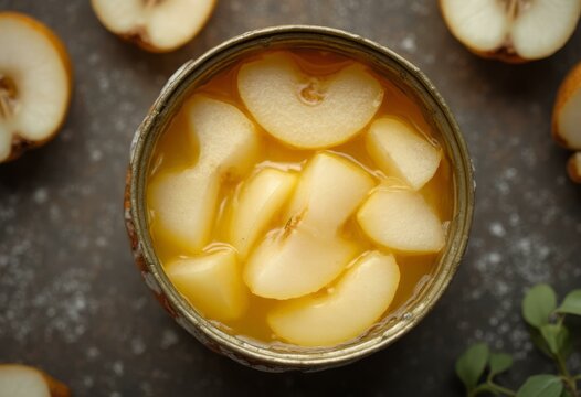 Open Canned Pear Halves in Juice, Yellow-White Pieces Arranged, Top-Down View