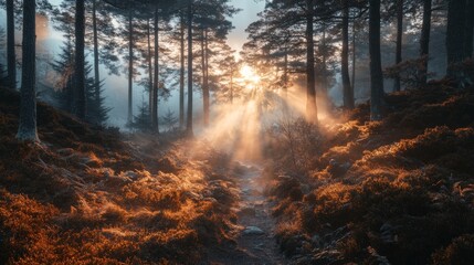 Obraz premium Sunbeams Through Misty Forest Path Dawn Landscape Photography