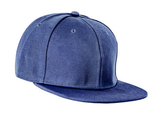 Blue snapback cap isolated on a white background. Perfect for fashion design, branding mockups, or sportswear projects.