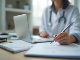 Healthcare Professional Working at a Desk With a Laptop and Paperwork During a Consultation in a Modern Medical Office