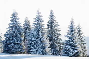 Group of frosty spruce trees in snow isolated on white