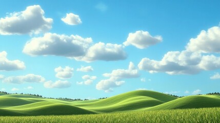 Naklejka premium Green hills stretching into the distance with a vibrant blue sky and scattered clouds