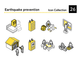 Set of illustrations of earthquake countermeasures