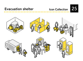 Set illustrations of life in a shelter