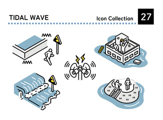 Illustration set of people evacuating from a tsunami