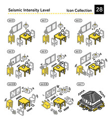 Illustration set of earthquake intensity 0 to 7