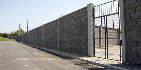 Dark gray concrete block wall with a metal gate, modern, fences, dark gray