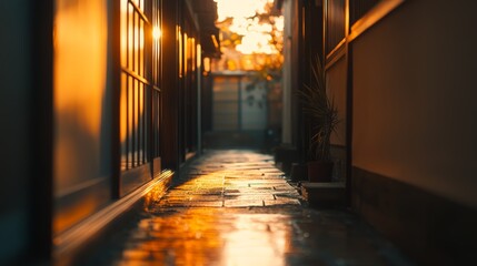 Sunset Light Filtering Through Traditional Japanese Alleyway