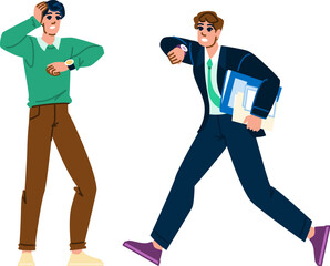 watch checking time man vector. r schedule, alarm stopwatch, hourglass chronometer watch checking time man character. people flat cartoon illustration