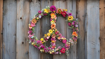 Colorful Flower Peace Sign on Wooden Background