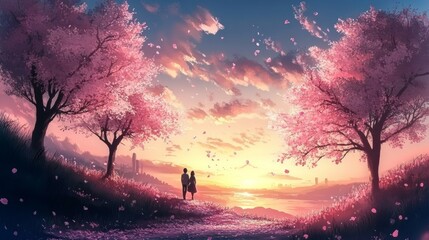 Obraz premium Couple Silhouette Sunset Cherry Blossom Trees Landscape