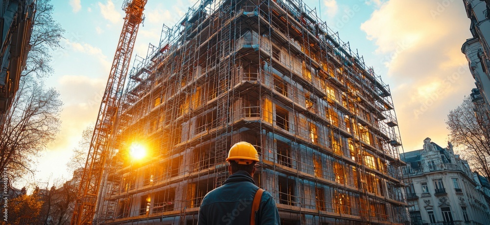 Poster a construction worker stands with a hard hat, watching the ongoing work on a multi-story building su