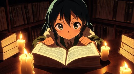 Anime Girl Studying by Candlelight in a Library with Books