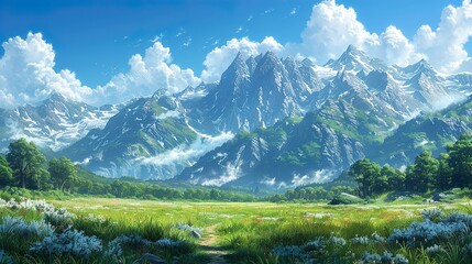 Stunning Mountain Range Landscape with Green Meadow and Blue Sky