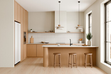 Modern kitchen interior with wooden and white accents. 3d render.