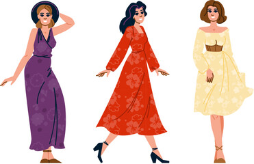 bohemian floral dress woman vector. chic trendy, feminine vibrant, colorful garden bohemian floral dress woman character. people flat cartoon illustration