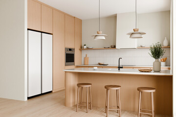 Modern kitchen with light wood and minimalist design. 3d render.