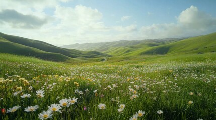 Obraz premium Rolling green hills with patches of wildflowers, stretching into the distance under a bright sky