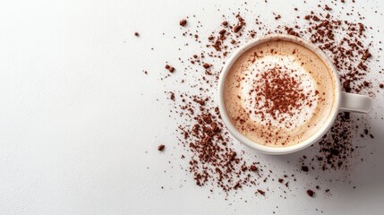 Cappuccino in a White Cup with Frothy Milk and Cocoa Dust