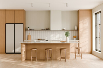 Modern minimalist kitchen with wood and white accents. 3d render.