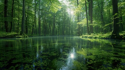 Fototapeta premium Serene Forest River: Sunlight Through Lush Greenery