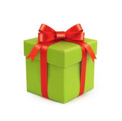Green gift box with a red bow isolated on a white background