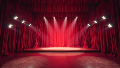 An empty theater stage with luxurious red velvet curtains illuminated by bright spotlights creating dramatic lighting effects. The wooden floor reflects the warm glow