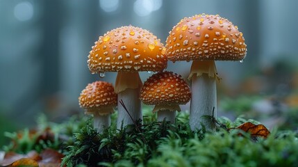 Vibrant Red and White Mushrooms in a Lush Forest
