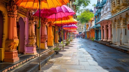 Obraz premium Colorful Temple Street in India with Umbrellas and Stone Columns