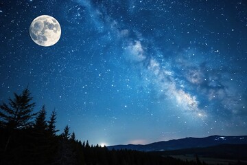 Deep blue celestial canvas with twinkling stars and a full moon, twinkling, stellar