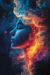 Obraz premium A digital artwork featuring a woman's profile with her eyes closed, surrounded by a vibrant, swirling mix of colors that resemble flames or energy, set against a starry night sky