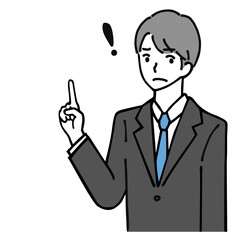Line drawing illustration of a young businessman giving a warning.